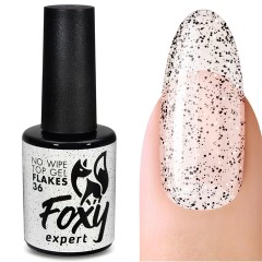 Верхнее глянцевое покрытие без Л/С с хлопьями (No wipe top gel FLAKES) #36, 10 ml, Foxy Expert